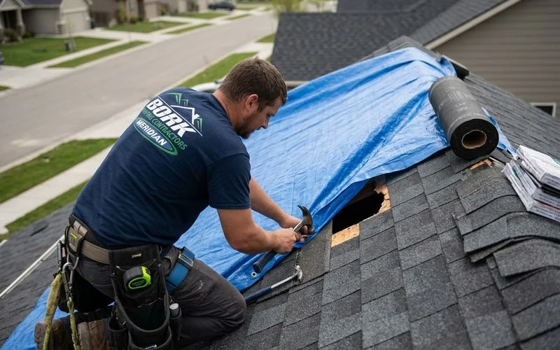 Bork Meridian emergency tarping crew securing storm damage on a Bridgetower home in Meridian, Idaho
