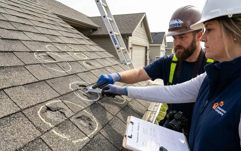 Bork Meridian inspector documenting hail damage on a Spurwing home during an insurance claim assessment in Meridian, ID