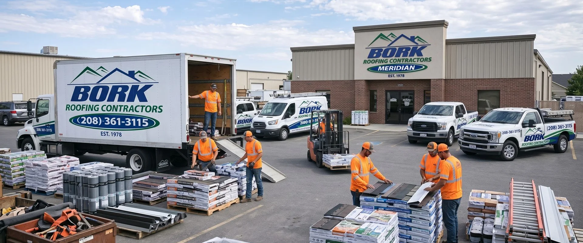 Bork Meridian roofing crew installing a new architectural shingle roof on a Meridian Idaho home