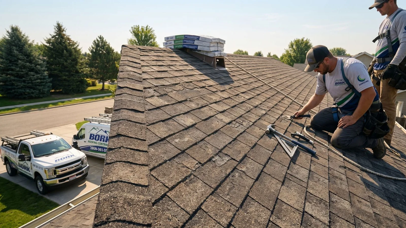 Aged asphalt shingles on a Meridian home